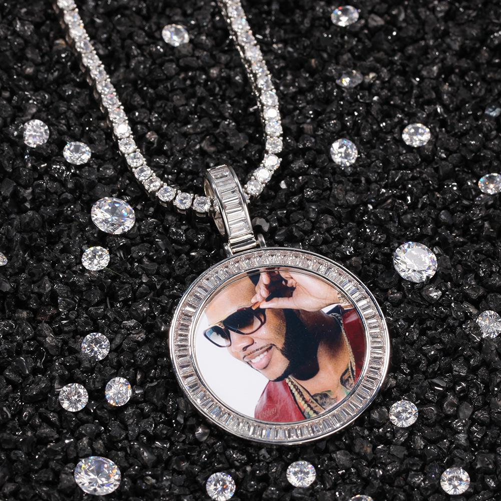 Family Memorial DIY Jewelry Gifts Hip Hop Round Pendant Custom Photo Necklace Baguette Diamond 18K Gold Cubic Zirconia Iced Out for Men Guys
