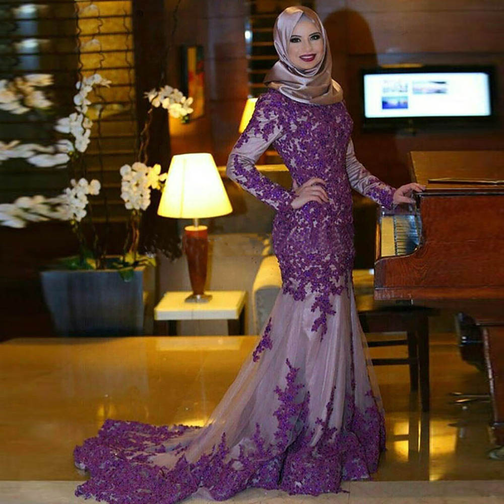 New Customize Purple Appliques Sleeve Evening Long Mermaid Dresses High Neck Long Train Dubai Abaya Kaftan Robe de Soiree Lace