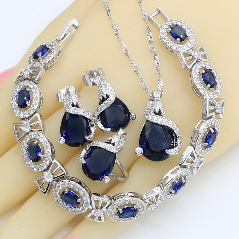 Dark Blue Semi-precious Silver Color Jewelry Sets for Women Bracelet Stud Earrings Necklace Pendant Ring Gift Box, As pic
Dark Blue Semi-precious Silver Color Jewelry Sets for Women Bracelet Stud Earrings Necklace Pendant Ring Gift Box, As pic