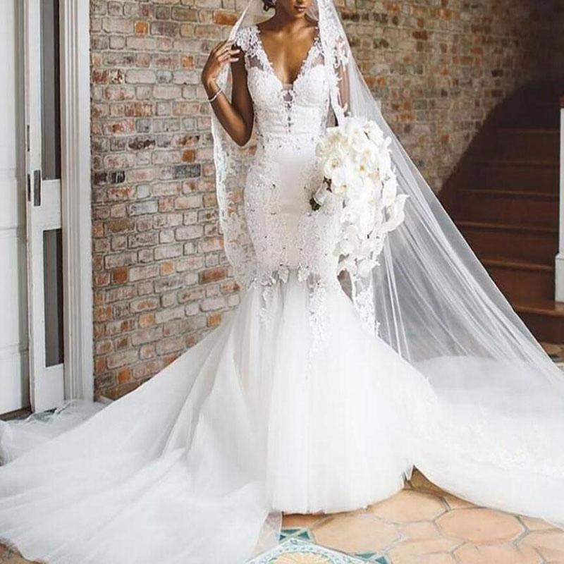South African Mermaid Wedding Dresses 2021 V Neck Beaded Appliqued Lace Bridal Gowns Vestido De Novia Plus Size Designer Wedding Wear
