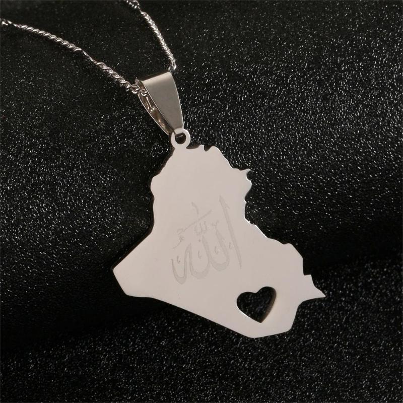 Stainless Steel Republic Of Iraq Map Pendant Necklace Silver Color Heart Chain Jewelry
