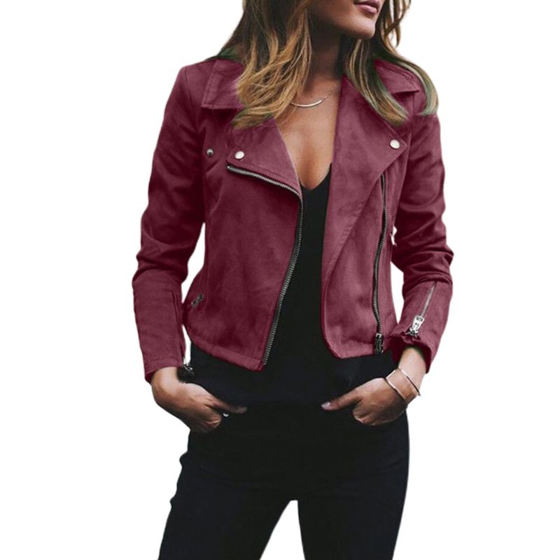 Womens Plus Size Long Sleeve Short Coat Faux Suede Lapel Motorcycle Biker Jacket Y1AC
