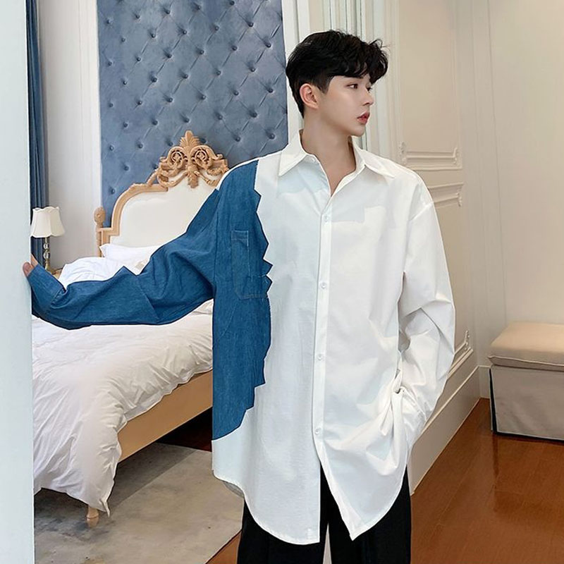 New Male Streetwear Hip Hop Vintage Fashion Shirt Men's Denim Splice Long Sleeve Casual Loose Shirt, C98
New Male Streetwear Hip Hop Vintage Fashion Shirt Men's Denim Splice Long Sleeve Casual Loose Shirt, C98