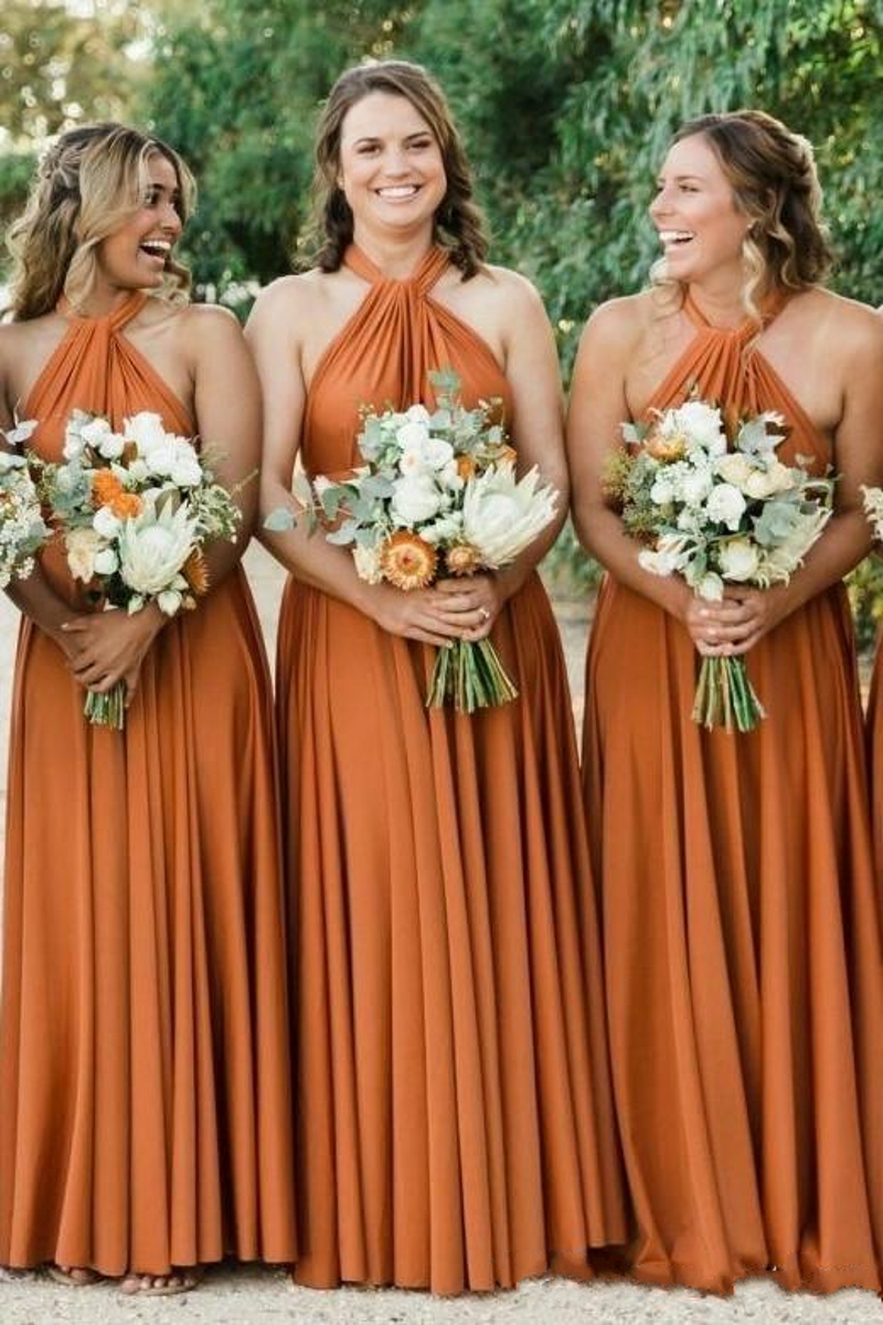 Halter Rust Colored Bridesmaid Dresses Long Chiffon Skirt Pleated Country Maid Of Honor Dresses Floor Length Wedding Party Dress