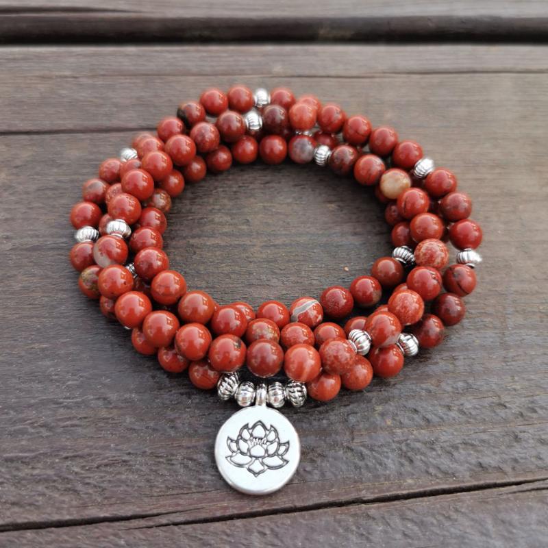 Charm Bracelets 6mm Natural Red Stone 108 Mala Bracelet Or Necklace Yoga Wrap For Women Lotus Jewelry Gift