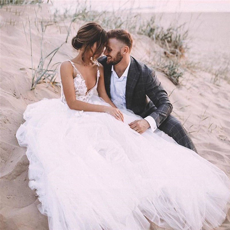 Puffy A Line Boho Wedding Dresses 2021 Sexy Backless Long Beach Tulle Bridal Gowns Appliques Lace Country Bride Dress vestidos de noiva