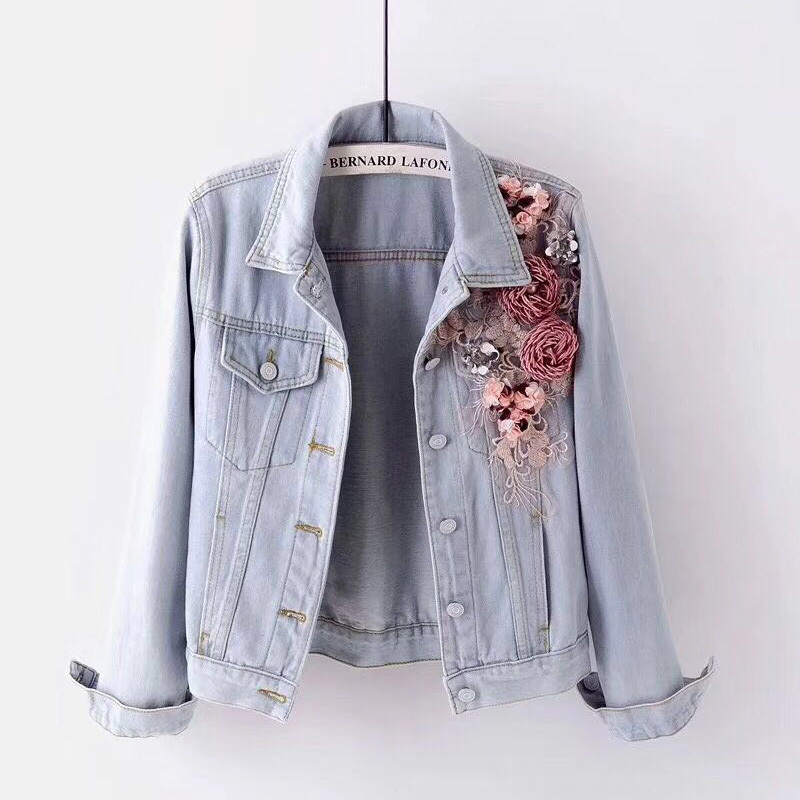 Autumn Women Embroidery Three Dimensional Flowers Pearl Bead Short Denim Coat Woman Long Sleeve Jean Jacket xintiandi 200919