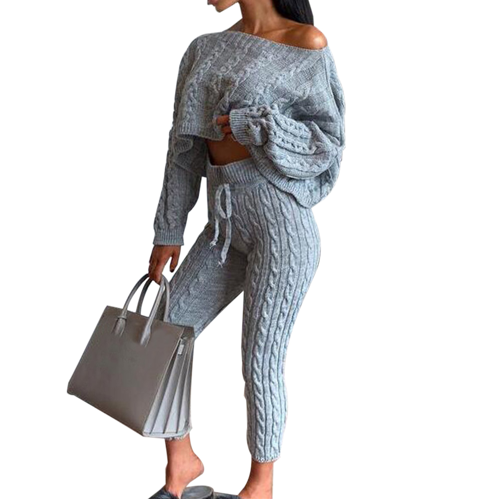 2020 New Womens Ladies Solid Off Shoulder Cable Knitted Warm Loungewear Set Autumn Sweater Women Sweater Winter Clothes Suit Y200909