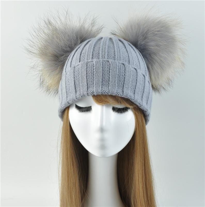 Winter Real Fur Ball Beanie Hat for Women Ladies Fluffy Double Natural Raccoon Fur Pom Pom Skullies Beanie Hat With 2 Pompom