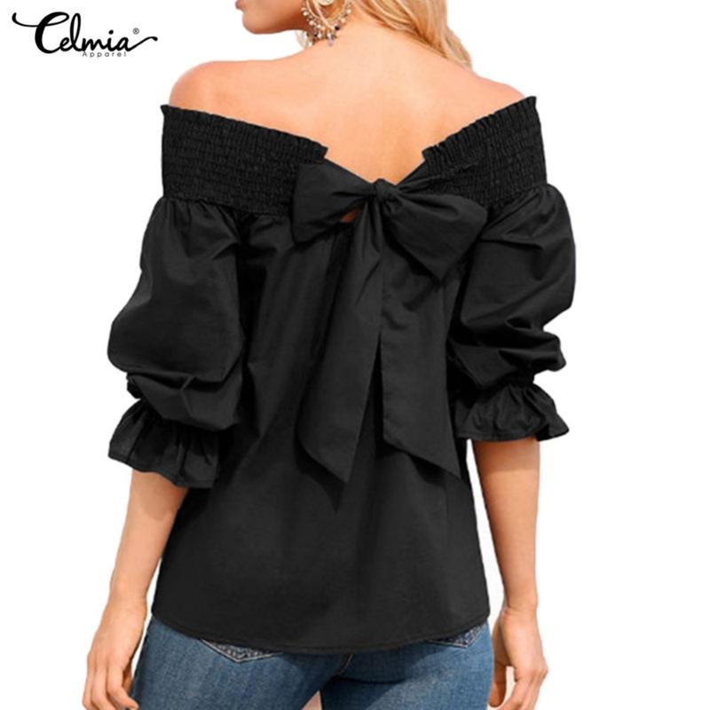 Celmia Sexy Off Shoulder Tops Blusa Feminina Women Blouse 2020 Summer Strapless Bowknot Slash Neck Casual Loose Shirts Plus Size