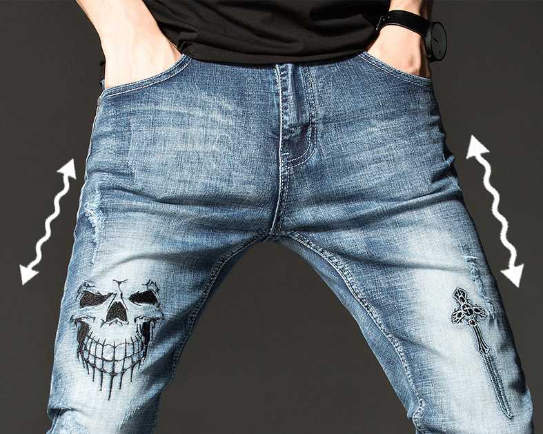 Skull Mens hop-hip Embroidery Soft Stretch Cotton Denim Slim Light Blue Jeans Vintage Casual Streetwear Pants
