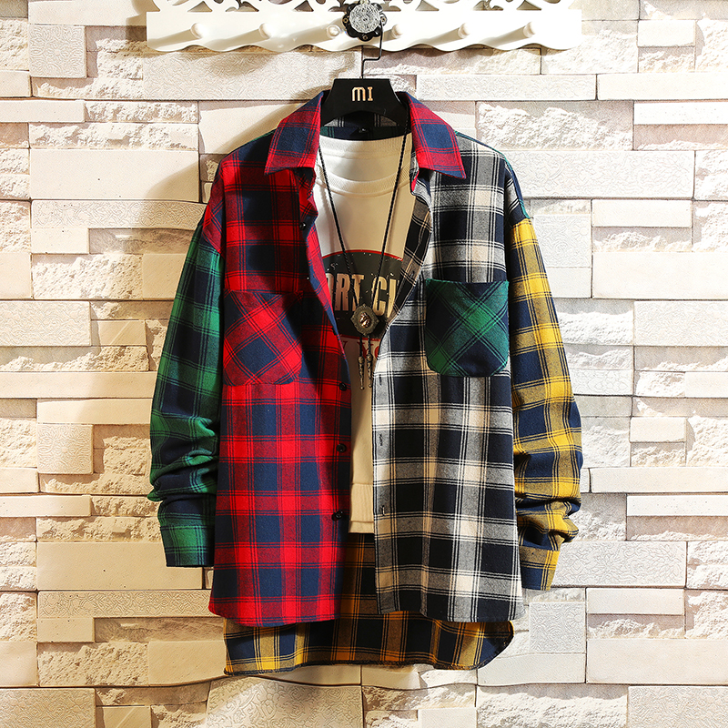 Fashion- Personality Korean Version Of The Trend Of Color Matching Flannel Men Shirt Slim Fit Plaid Casual Shirts Hip Hop Loose Long Slee