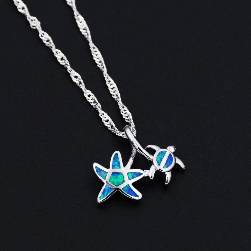 Ocean Blue Opal Beach Starfish and sea turtle Pendant Necklace for Gift