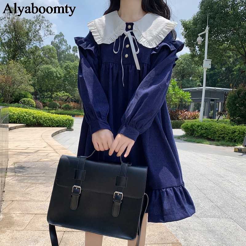 Japanese Lolita Style Autumn Women Cute Dress Sailor Collar Navy Blue Gray Khaki Ribbon Dress Baggy Corduroy Puff Sleeve
Japanese Lolita Style Autumn Women Cute Dress Sailor Collar Navy Blue Gray Khaki Ribbon Dress Baggy Corduroy Puff Sleeve
