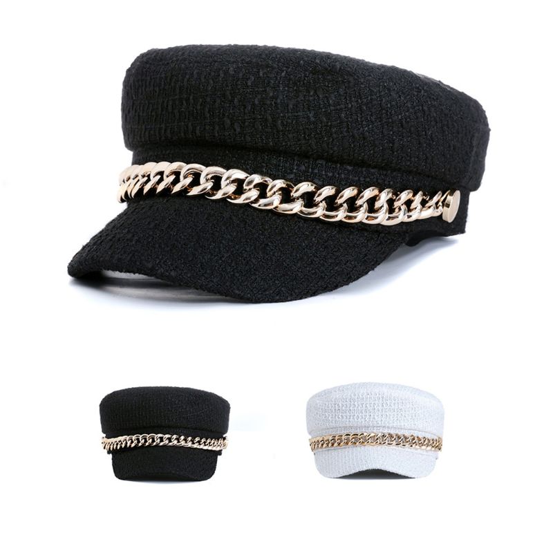 Womens Retro Plaid Weave Flat Top Beret Cap Metal Chain Rope Solid Color Elegant Adjustable Newsboy Visor Navy Hat, White
Womens Retro Plaid Weave Flat Top Beret Cap Metal Chain Rope Solid Color Elegant Adjustable Newsboy Visor Navy Hat, White