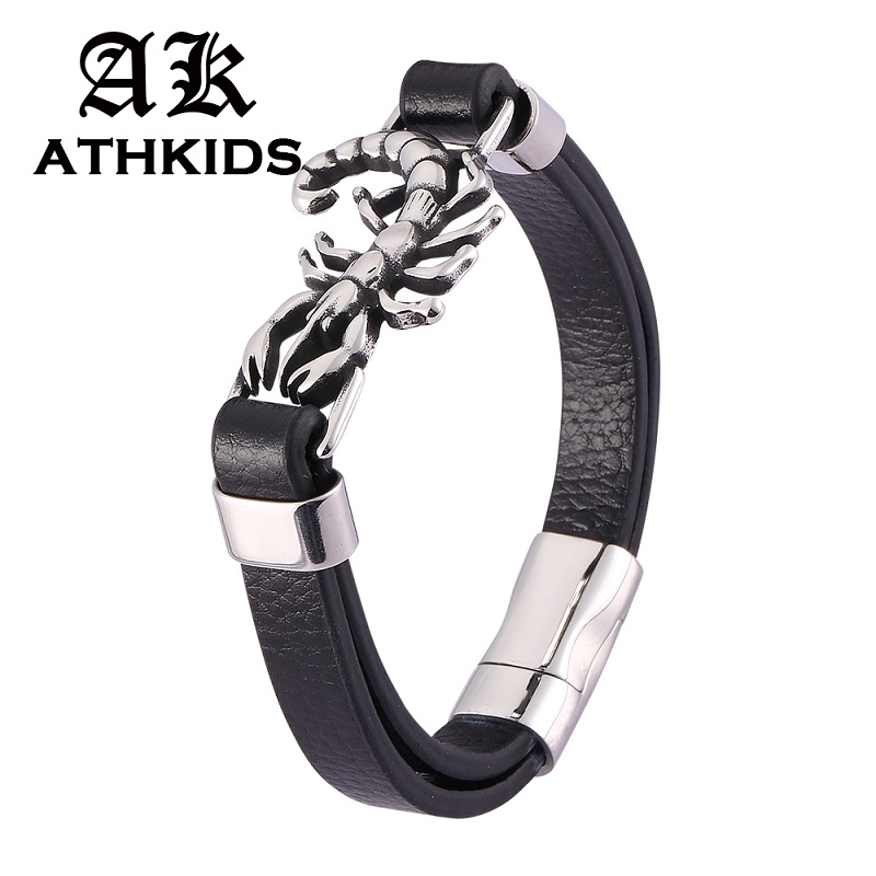 Personality Stainless Steel Scorpion Bracelet Men Jewelry Black Leather Bangles Magnet Buckle Male Wrist Band PD0477
Personality Stainless Steel Scorpion Bracelet Men Jewelry Black Leather Bangles Magnet Buckle Male Wrist Band PD0477
