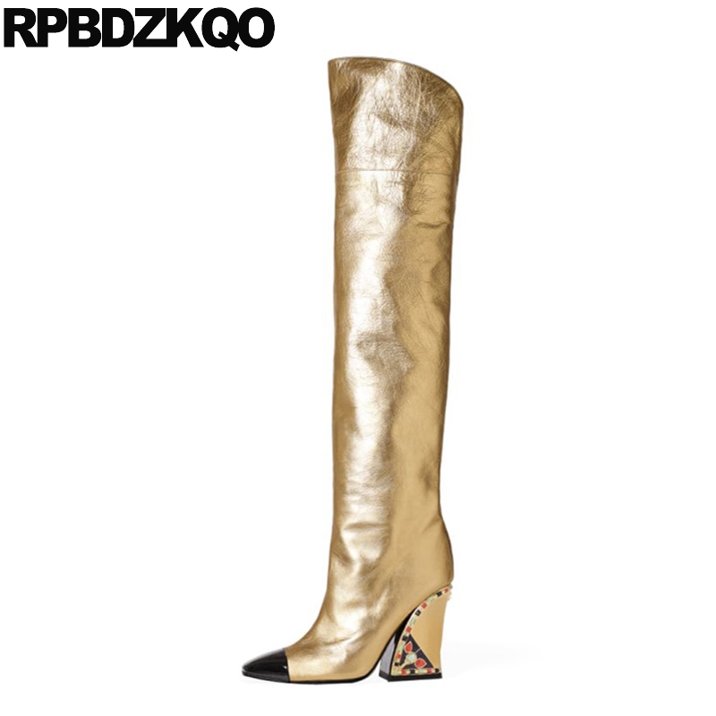 over the knee big size thigh high boots for plus women heel crossdresser dance square toe rhinestone chunky shoes wide calf, Gold
over the knee big size thigh high boots for plus women heel crossdresser dance square toe rhinestone chunky shoes wide calf, Gold