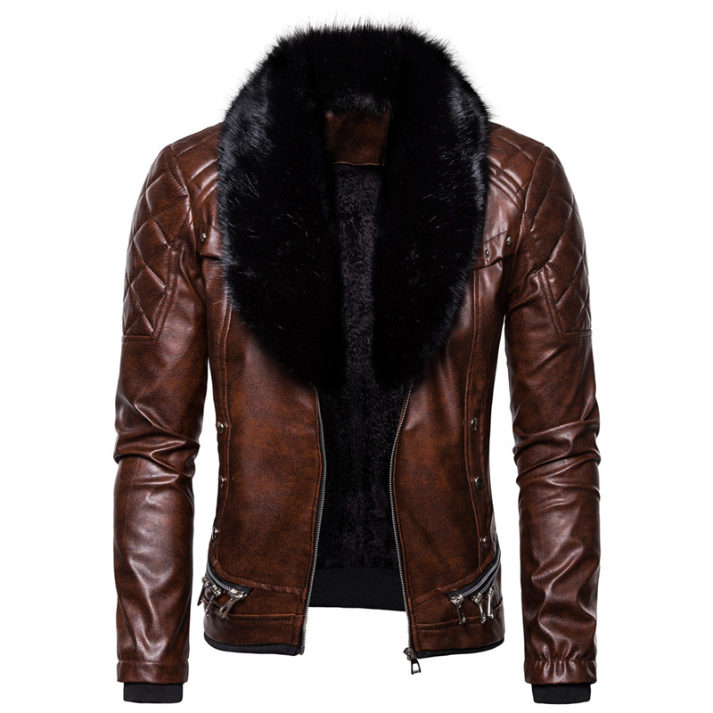Men's Fur & Faux Biker Leather Jacket Collar Detachable Motocycle Jackets Coats Casual PU Chaqueta Moto Hombre