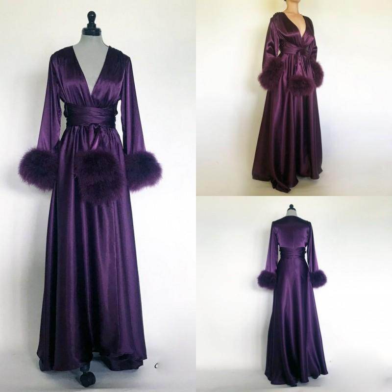 Purple Women Bathrobe Nightgown Silk Satin Sleepwear Bridal Robe Bridesmaid Bride Gowns Fur Winter Kimono Pregnant Dress