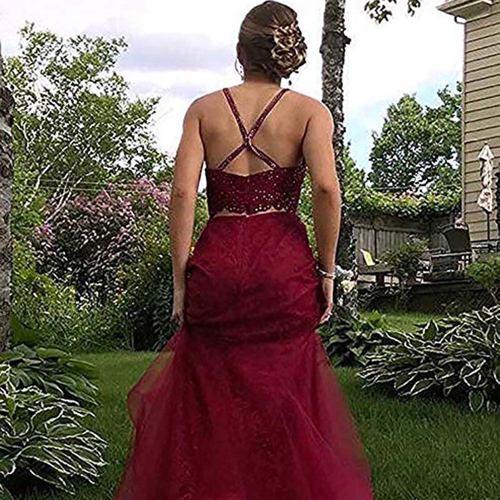 New Evening Dresses Long Halter Multilayered Tulle Beaded Prom Gown 2 Piece Formal Party Dress robe de soiree