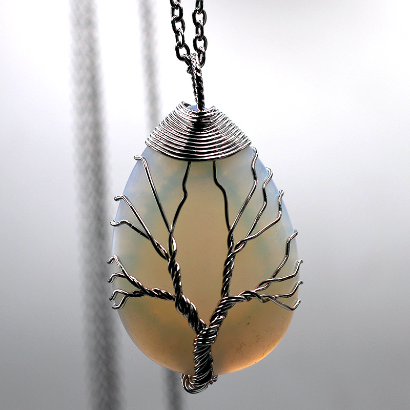 Necklace Jewelry Healing Chakra Wicca Witch Amulet Pendants Necklace Women Natural Gemstone Amethyst Opal Tree of Life Charms Necklace