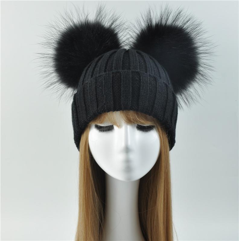 Winter Real Fur Ball Beanie Hat for Women Ladies Fluffy Double Natural Raccoon Fur Pom Pom Skullies Beanie Hat With 2 Pompom