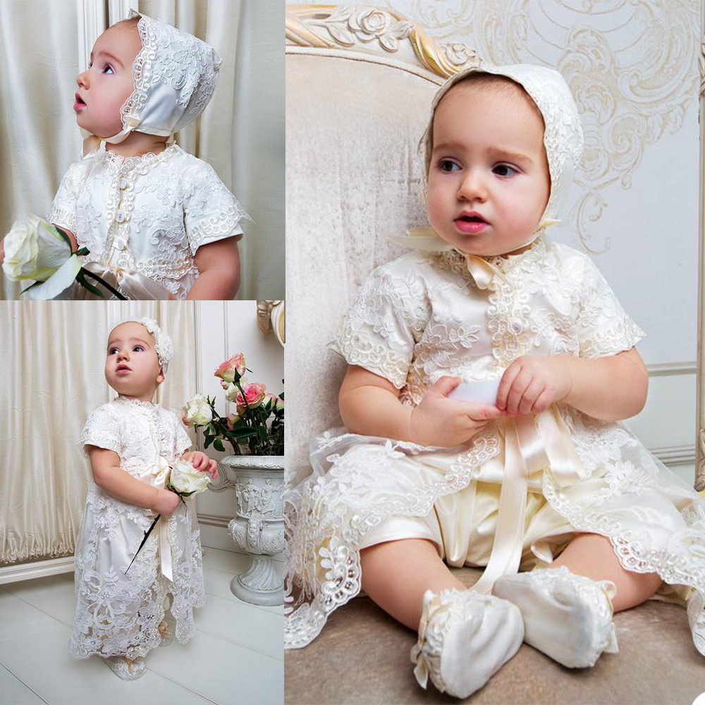 2021 2 Pieces Cute Baby Christening Gowns For Little Girls Short Sleeve Appliques Baptism Dresses With Bonnet First Communication Dress