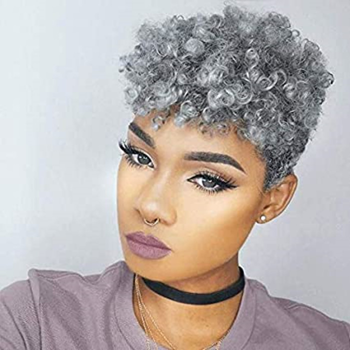 Women grey hair ponytail extension silver gray afro curly updo puff kinky curly drawstring human hair ponytails clip in real hair 120g