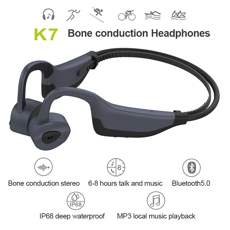 K7 Bluetooth Earphones Wireless Earbuds IP68 Waterproof MP3 Swimming Sport Headset Bone Conduction Headphones Run Diving with Micr