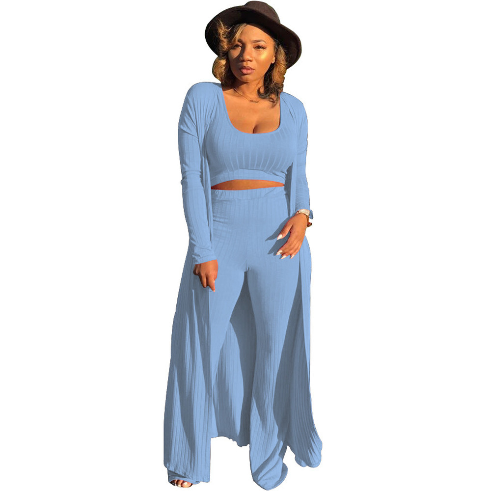 Autumn Winter 3 Piece Matching Set Women Tank Crop Top+Pencil Pant+Maxi Open Stitch Sweatsuits Casual Ribbed Three Piece Outfits T200917