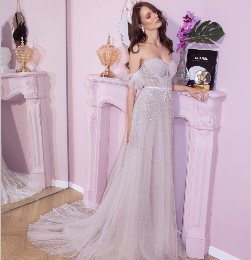 Sequins Tulle Wedding Dresses Off Shoulder Wedding Dress Custom Made Cheap Bridal Gowns Sweep Train Vestidos De Novia