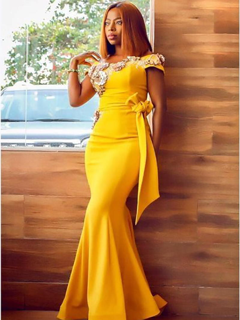Simples Yellow Satin Mermaid Evening Dresses Appliques Hand Made Flowers Bow Prom Dresses African Women Formal Evening Gowns Custom Made