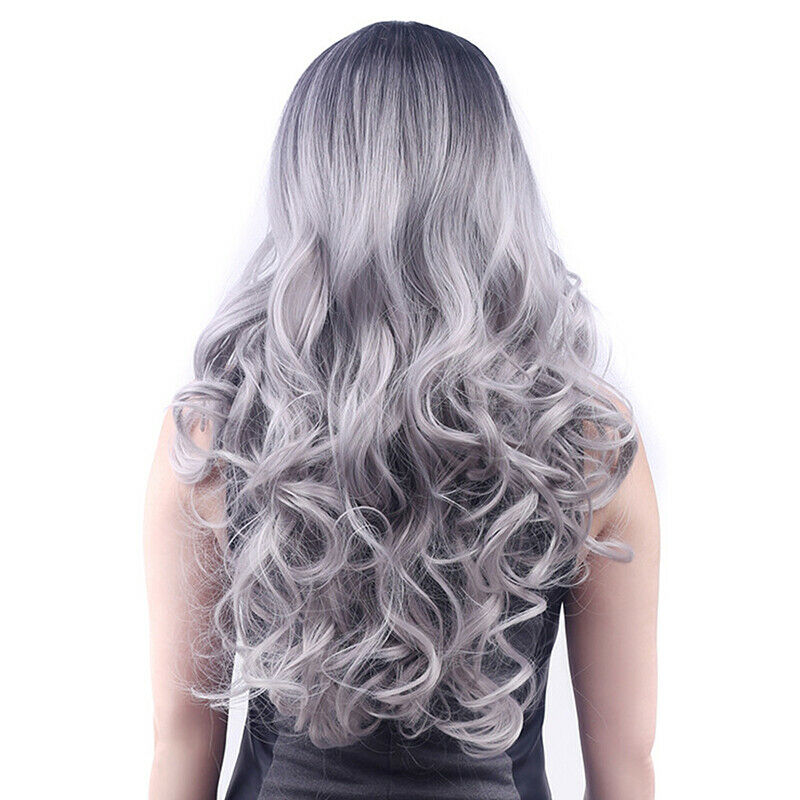 Ladies Wig Gradient Grey Long No Lace Front Wigs Synthetic Hair Daily Party Prop
