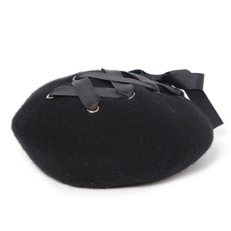 Cap Lace Up Warm Beret Bowknot Winter Wool Hats, Black
