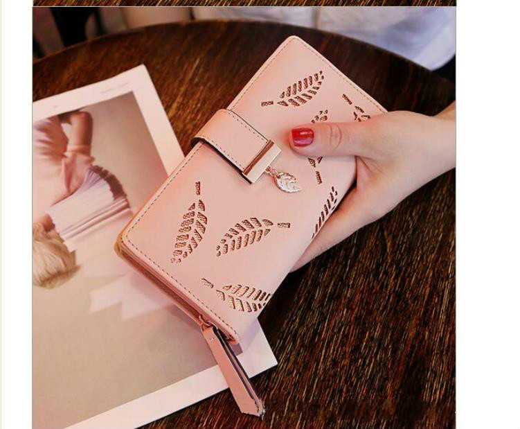 Korean Styles Long Leather Wallets Leaves Hollow Out Handbags Zipper Buckle Ladies Purse Wallet Wholesale and Retail