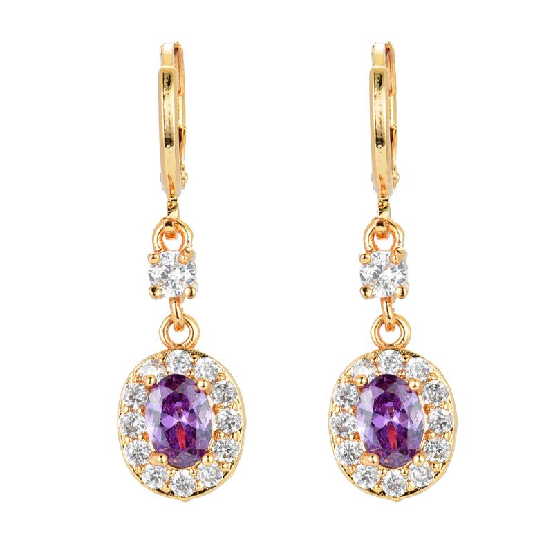 Fashion Women Gold Color Royal Purple Zirconia CZ Oval Dangle Earrings Jewelry