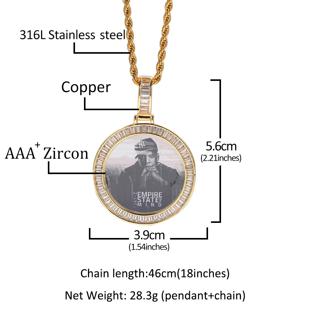 Family Memorial DIY Jewelry Gifts Hip Hop Round Pendant Custom Photo Necklace Baguette Diamond 18K Gold Cubic Zirconia Iced Out for Men Guys