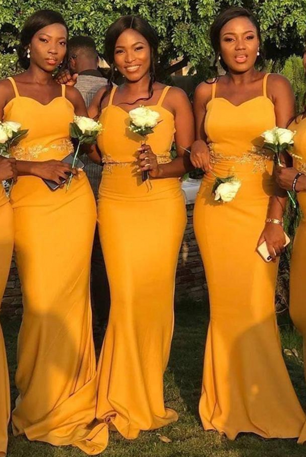 African New Yellow Bridesmaid Dresses Black Girls Sexy Mermaid Spaghetti Straps Appliqued Long Maid of Honor Gowns