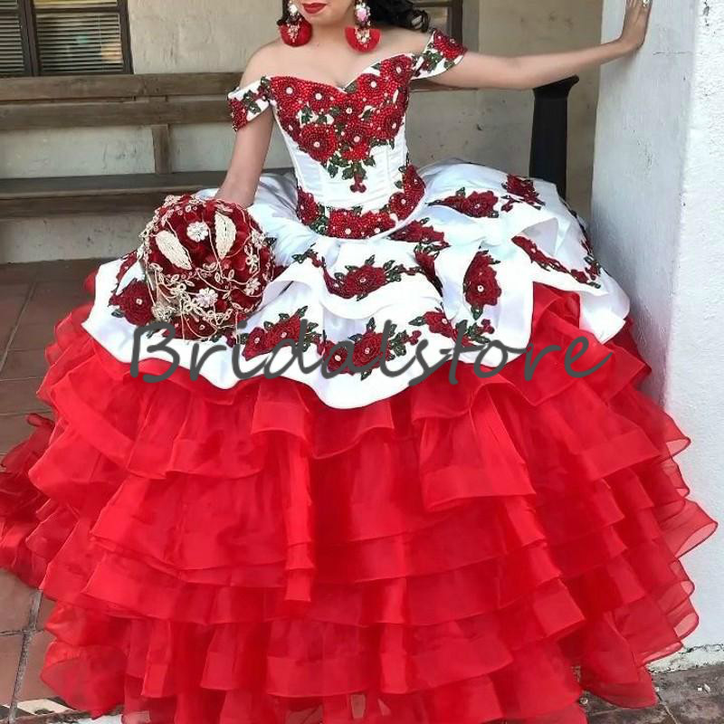 Mexican Red Quinceanera Dresses With Tiered Skirt Embroidery Ball Gown Sweet 16 Dress Corset Masquerade Prom Party Dress Vestidos De 15 Anos