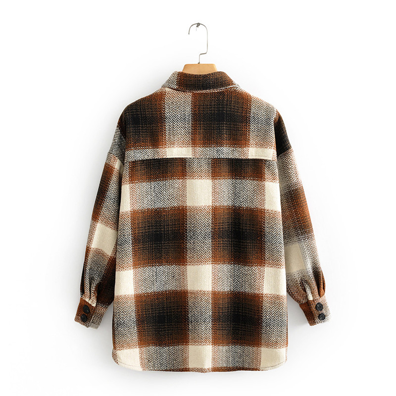 NSZ women plaid wool blouse long sleeve checked oversized woolen shirt turn down collar thick ladies vintage chic top blusa