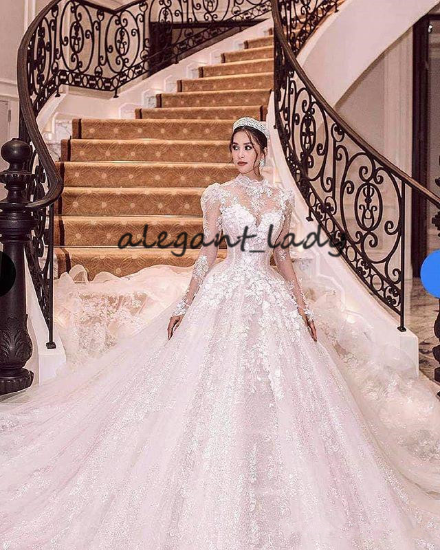 Luxury Long Sleeve Wedding Dresses 2021 Lace Floral Sparkly Crystal Chapel Train vestido de noiva india High neck Bridal Gowns