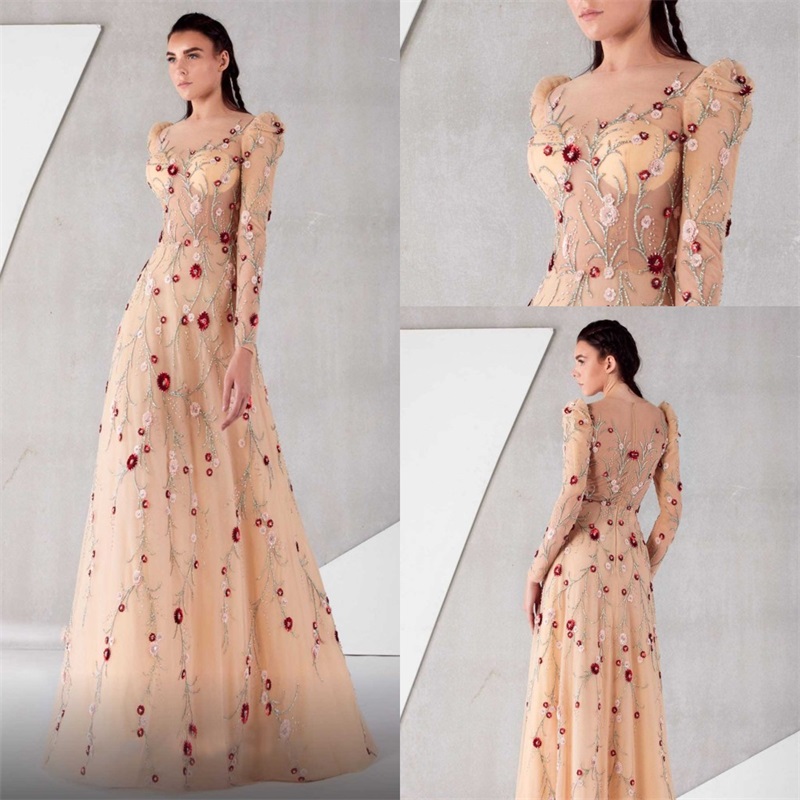 Champagne A-line Evening Dresses Long Sleeves Beads Lace Appliqued Elegant Formal Party Dress Sweep Train Custom Made Newest 2021 Prom Dress