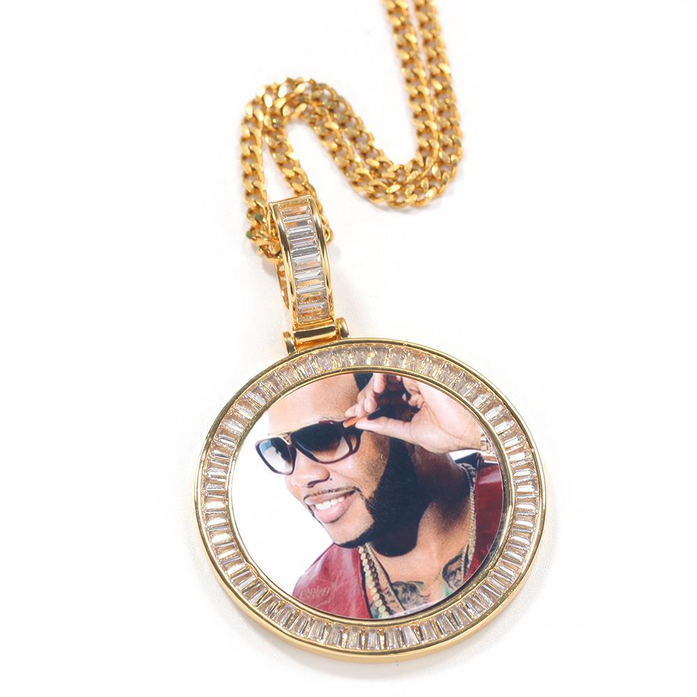 Family Memorial DIY Jewelry Gifts Hip Hop Round Pendant Custom Photo Necklace Baguette Diamond 18K Gold Cubic Zirconia Iced Out for Men Guys
