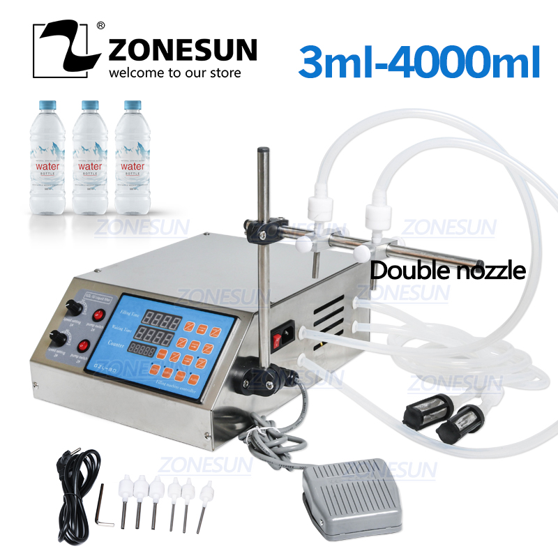 ZONESUN Electric Digital Control Pump Liquid Filling Machine 0.5-4000ml Liquid Perfume Water Juice Essential Oil With 2 Heads
ZONESUN Electric Digital Control Pump Liquid Filling Machine 0.5-4000ml Liquid Perfume Water Juice Essential Oil With 2 Heads