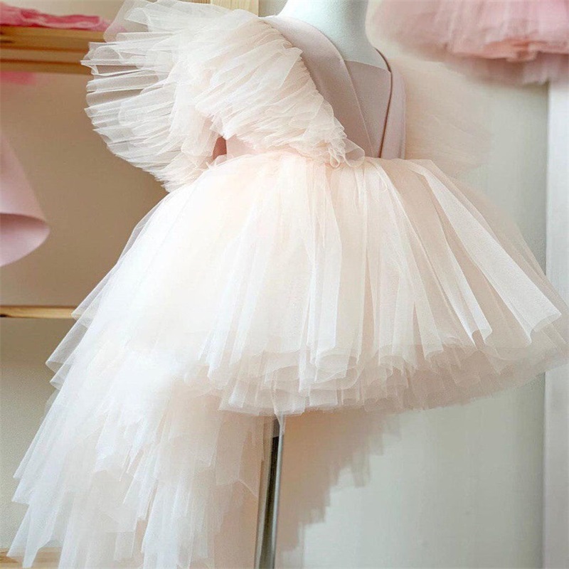 Pink Chic Floral Ball Gown Flower Girl Dresses Ruffle Tulle Cute Hand Made Flower Girl Pageant Gowns Custom Made First Communion Gown