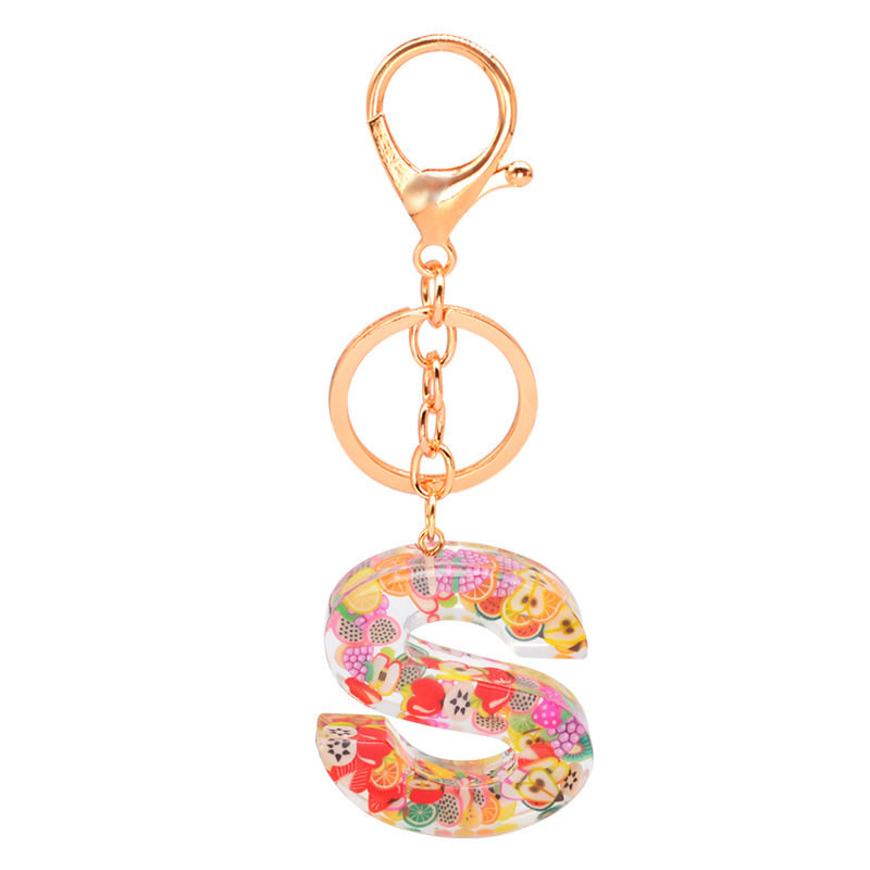 Fashion Design Handmade High Quality Women 26 Capital Letters Keychain Gold Metal Resin Fruits Letter Key Chain