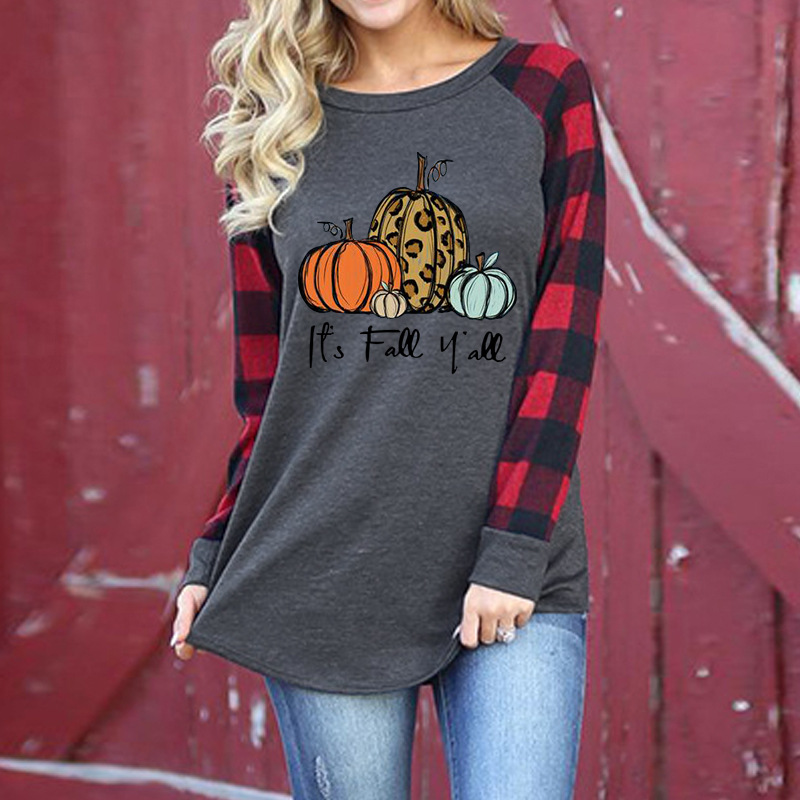 Halloween Women Plus Size Plaid Raglan Sleeve T-shirts Ladies Patchwork Sweatshirts Pumpkin Print Casual Blouse Womens Pollover Top Tees