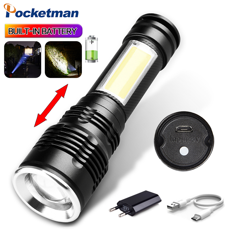 

Flashlights Torches Powerful COB + LED Zoom With Hand Strap USB Rechargeable Flash Light Built-in 18650 Battery Tactical