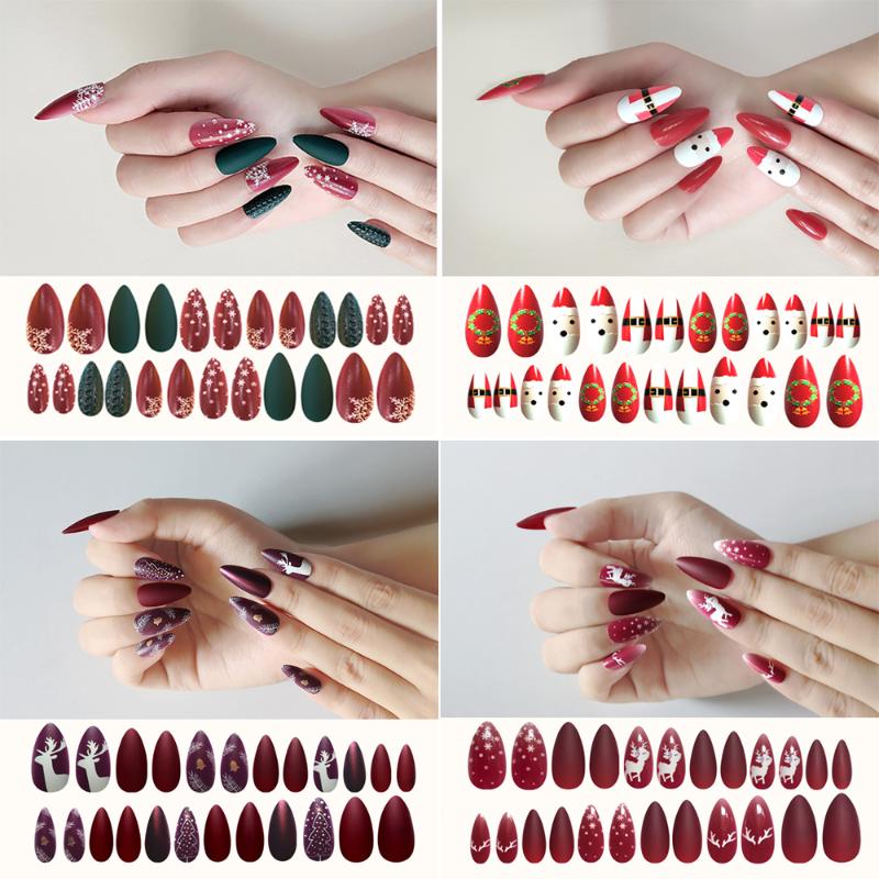 24Pcs/sheet Acrylic Full Cover Artificial Fake Nails DIY Christmas Tree Snowman Christmas Nail Art