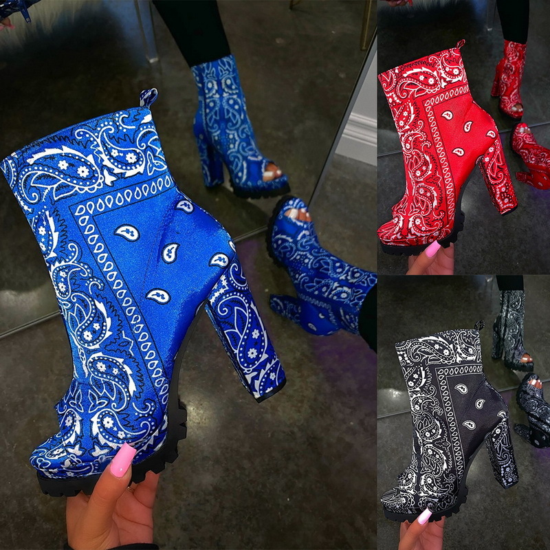 Totem Printing Fashion Ankle Boots For Women Thick Heels Autumn Winter Flock Platform Shoes High Heels Zipper Ladies Boots Red